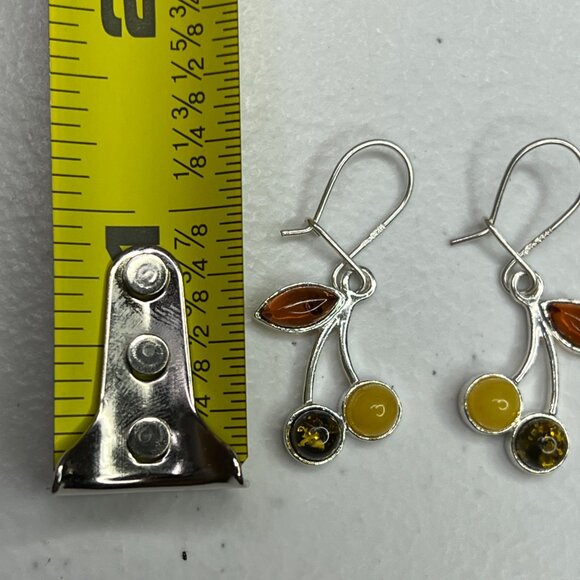 Sterling Silver 925 Amber Drop Dangle Earrings With Leaf & Round Design - Picture 6 of 14